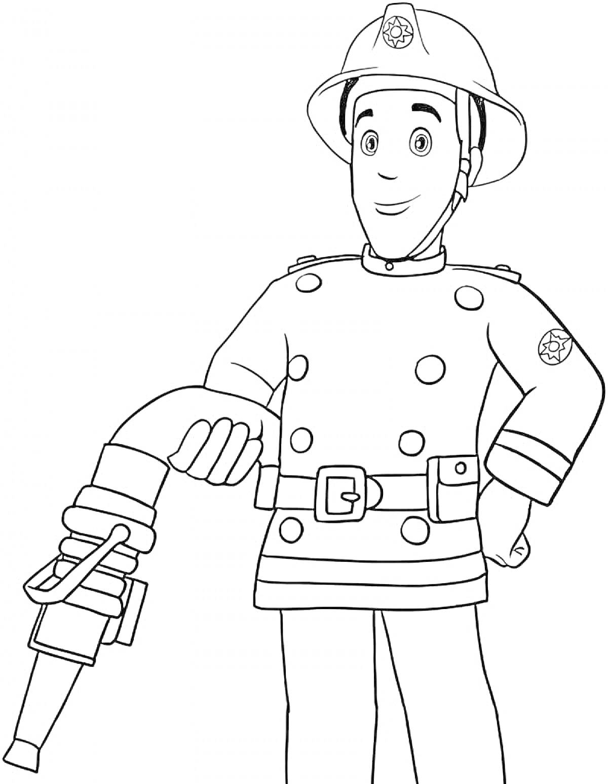 Раскраска Пожарник с пожарным шлангом в шлеме