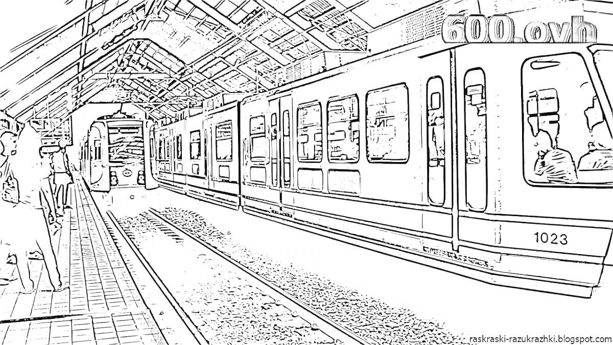 На раскраске изображено: Метро, Поезд, Станция, Пассажиры, Рельсы, Крыша, Колонны, Окна, Дверь, Платформы