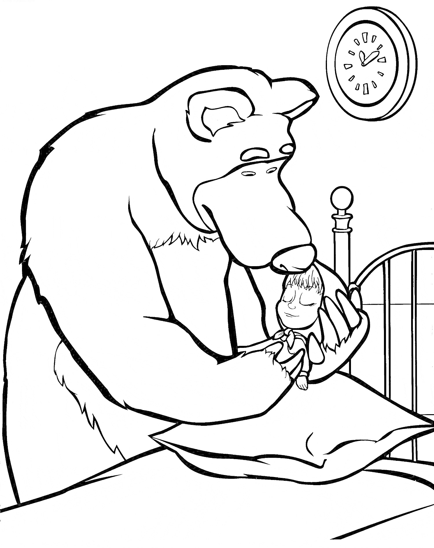 На раскраске изображено: Маша и медведь, Медведь, Маша, Часы, Ночь, Из мультфильмов, Для детей, Кровати