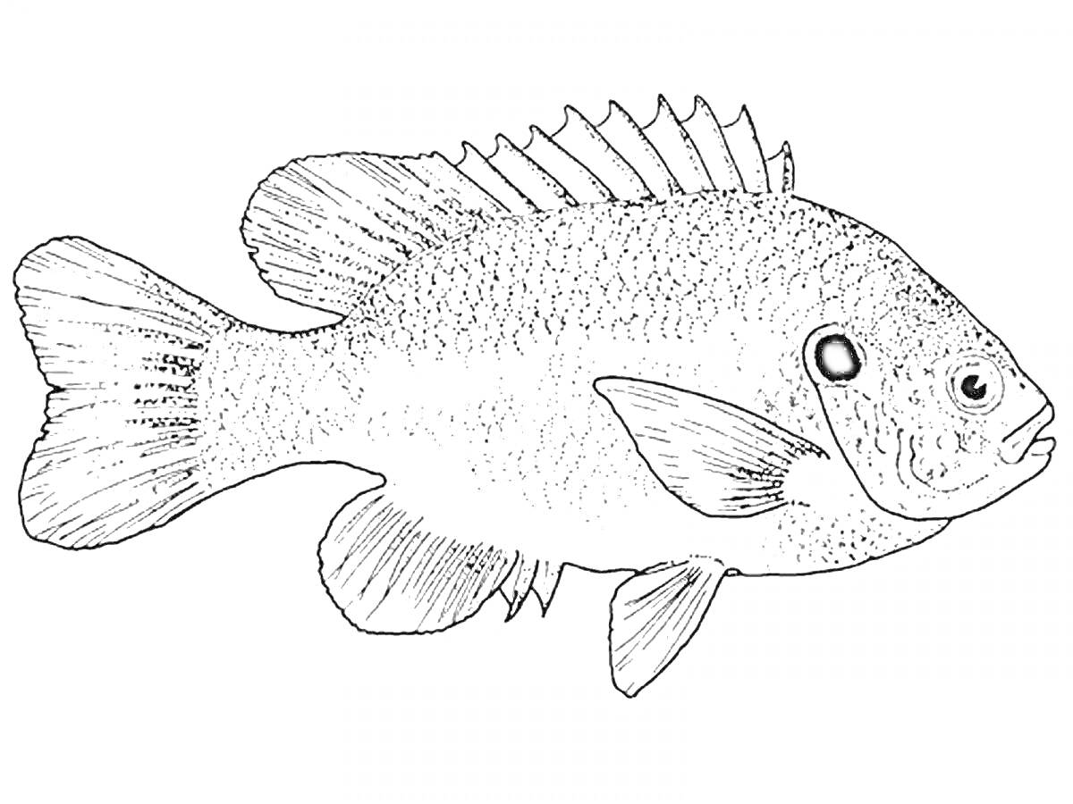 Раскраска Рыба ерш в профиль с плавниками и шипами
