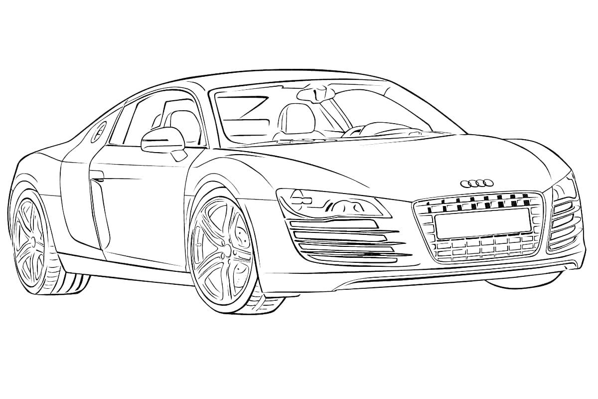 Раскраска Спортивный автомобиль Audi с детализацией переднего бампера, фар, боковых зеркал и колес