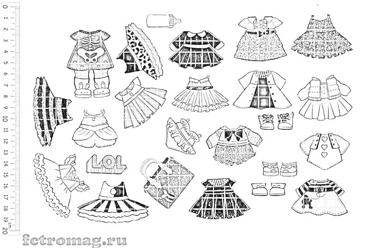 Раскраска Раскраска ЛОЛ с одеждой, обувью и аксессуарами: платья, юбки, шорты, футболки, туфли, сапоги, аксессуары (сумка, мухоморка, детская бутылочка).