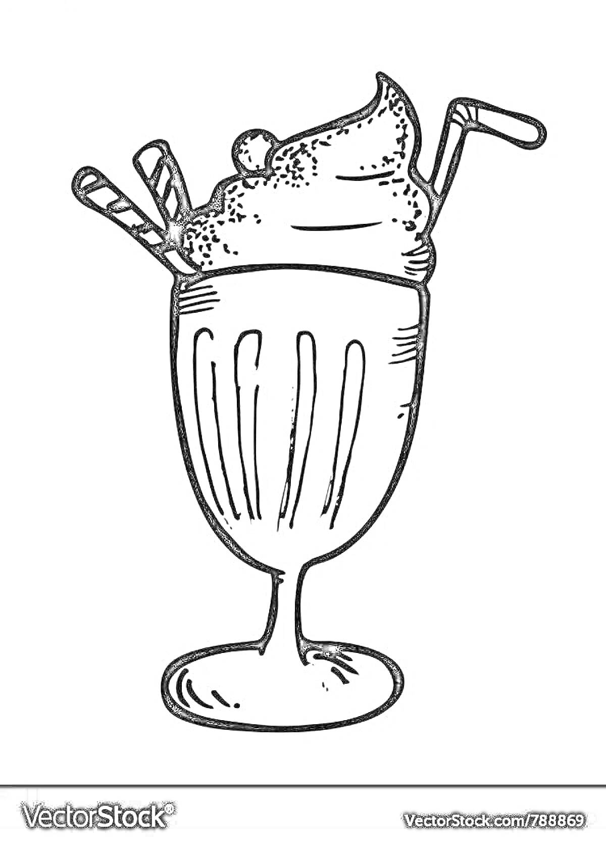 На раскраске изображено: Молочный коктейль, Бокал, Трубочки, Крем, Напиток, Контурные рисунки