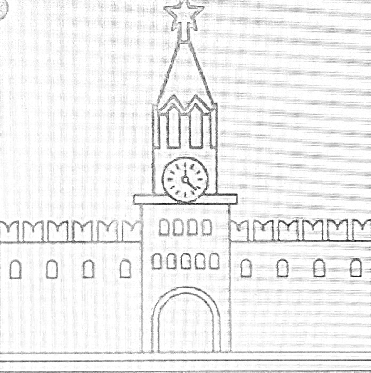 На раскраске изображено: Спасская башня, Кремль, Москва, Россия, Часы, Стена, Архитектура