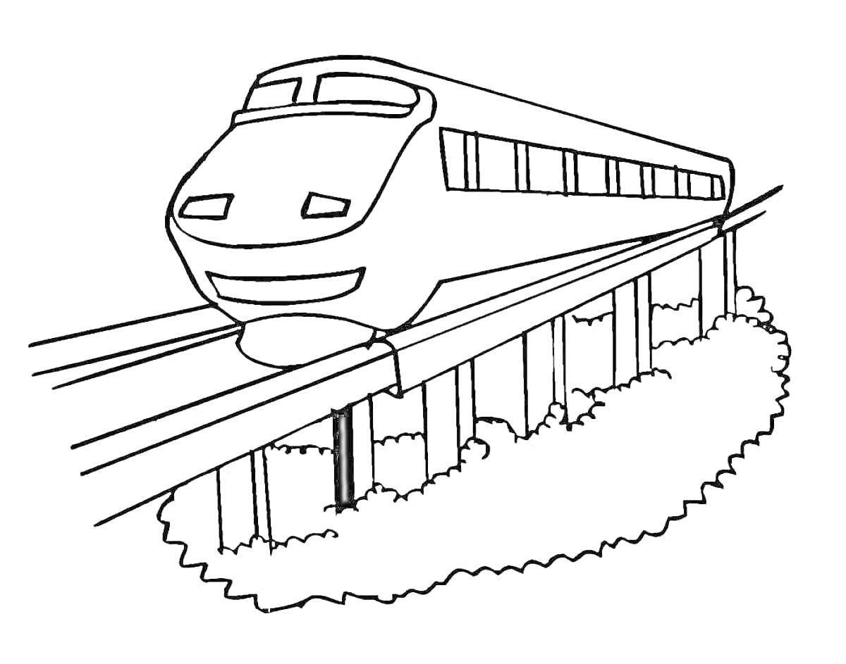 На раскраске изображено: Поезд, Мост, Рельсы, Транспорт, Железная дорога, Для детей