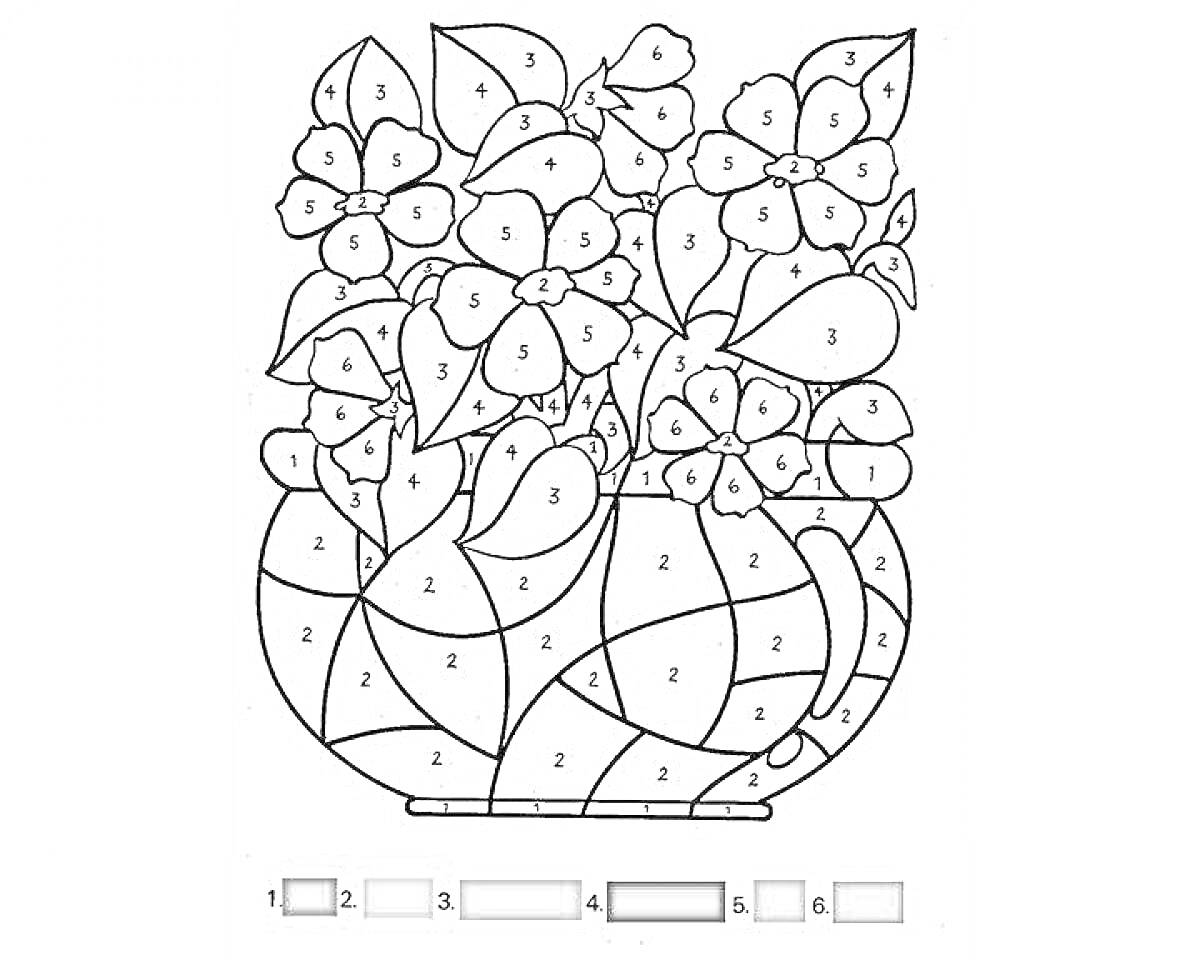 На раскраске изображено: По номерам, Ваза, Цветы, Листья, Творчество, Искусство