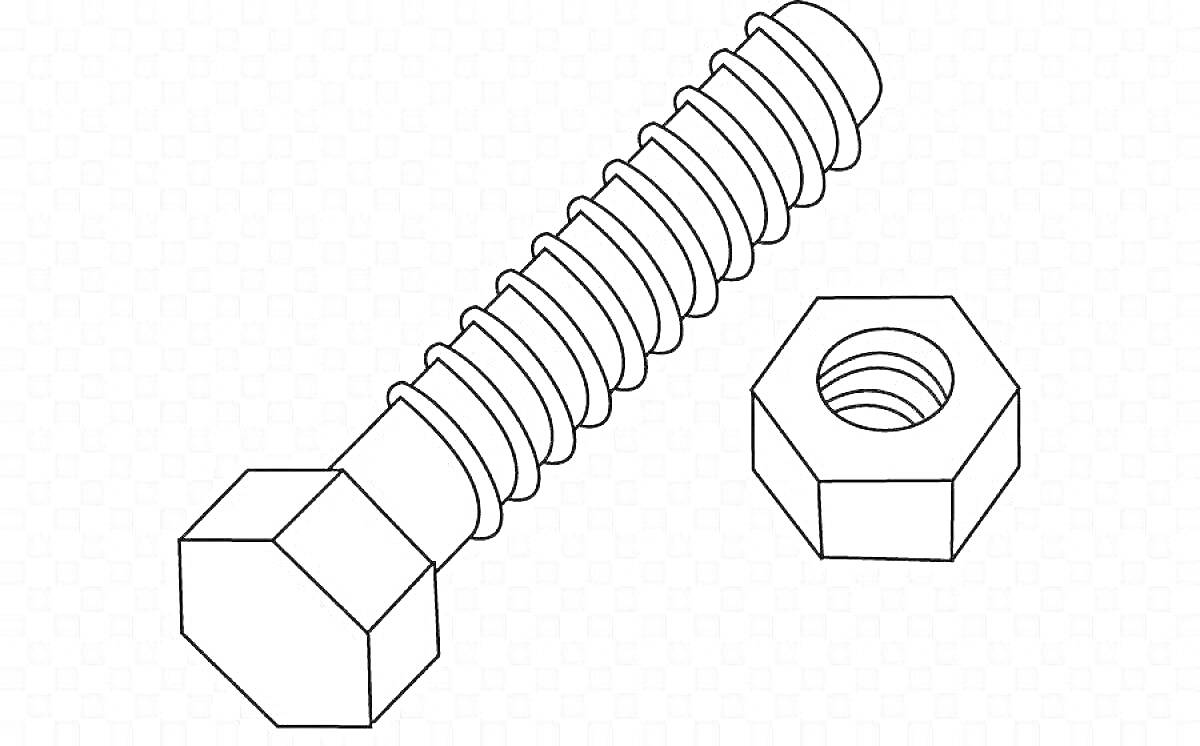 На раскраске изображено: Винт, Гайка, Крепеж, Резьба, Инструмент, Механика, Техника, Соединение