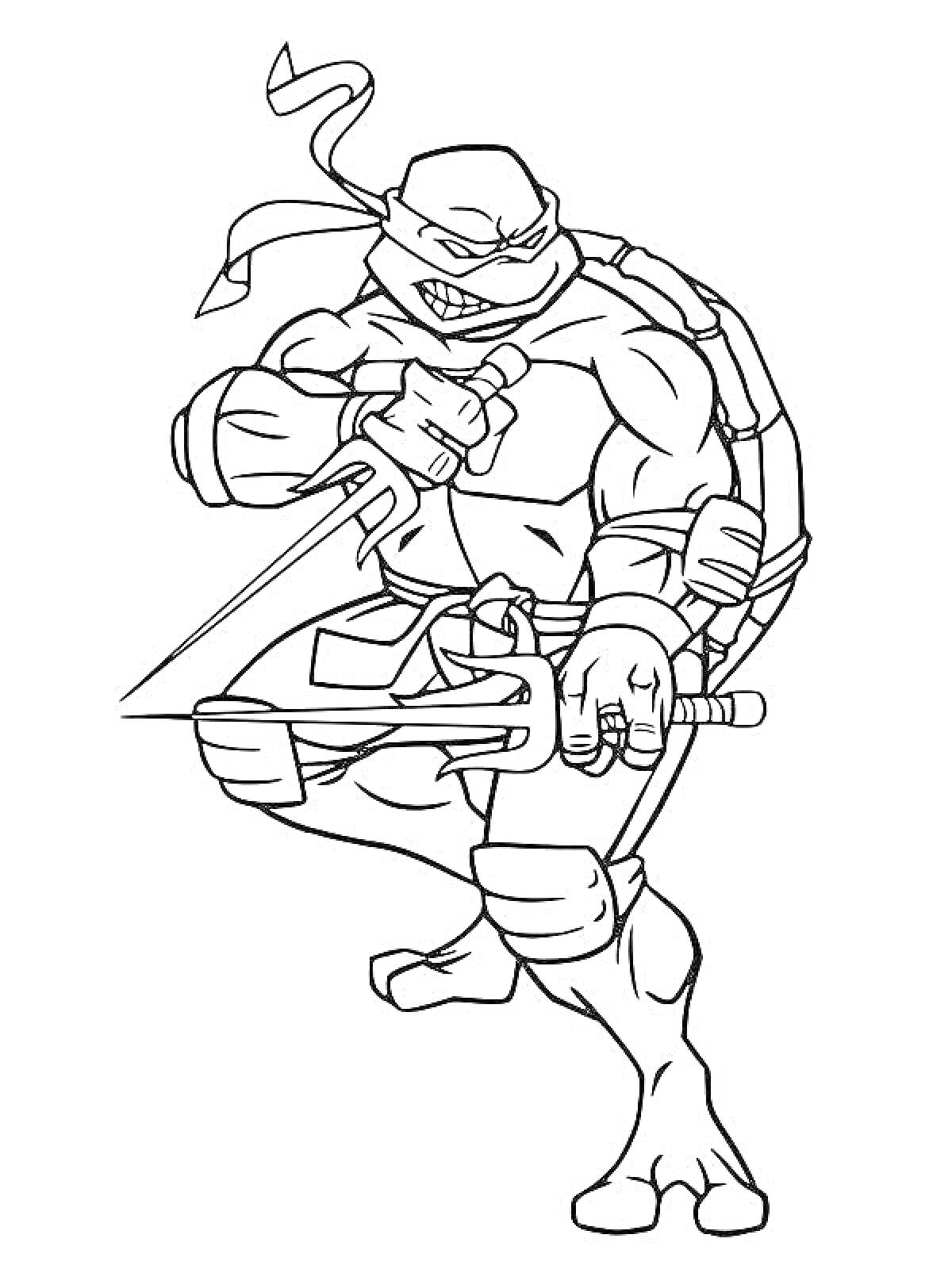 Раскраска Рафаль из Черепашек-ниндзя с двумя мечами сай в боевой стойке