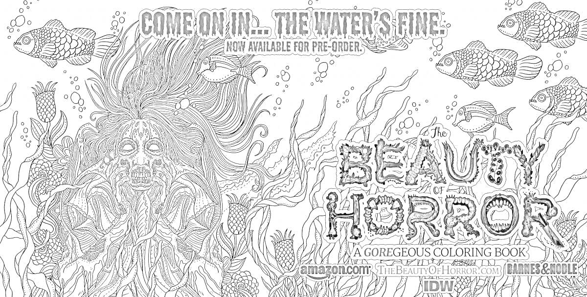 Раскраска Призрачное существо под водой с длинными волосами, рыбы, подводные растения, текст 