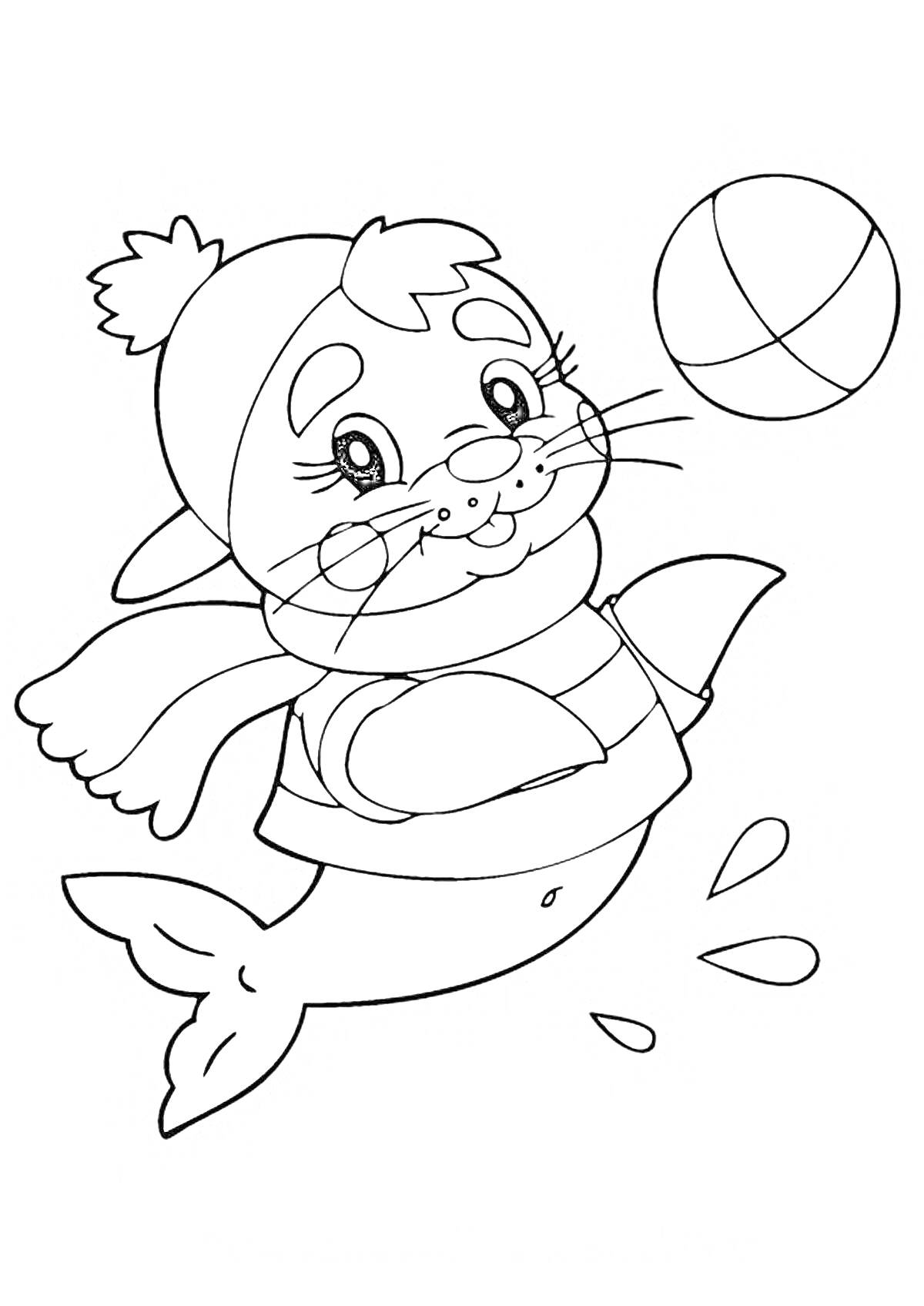 Тюлень в шапке и шарфе, играющий с мячом