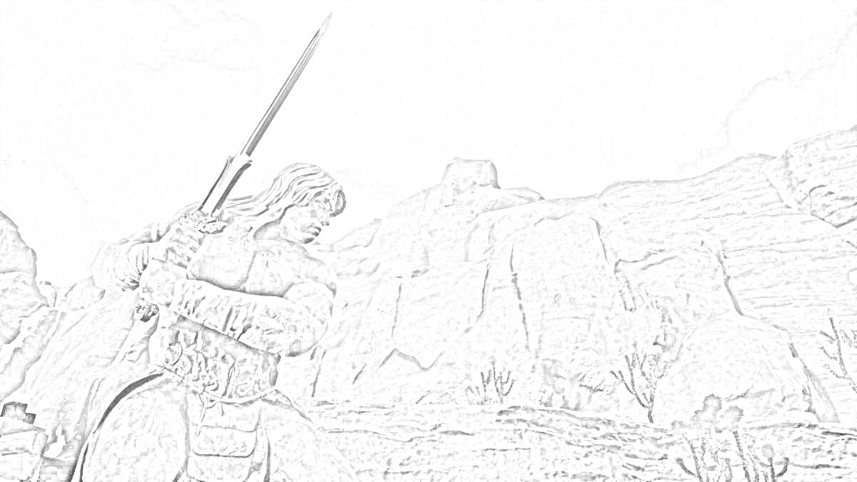 На раскраске изображено: Воин, Меч, Скалы, Пустыня, Conan Exiles, Боевые сцены