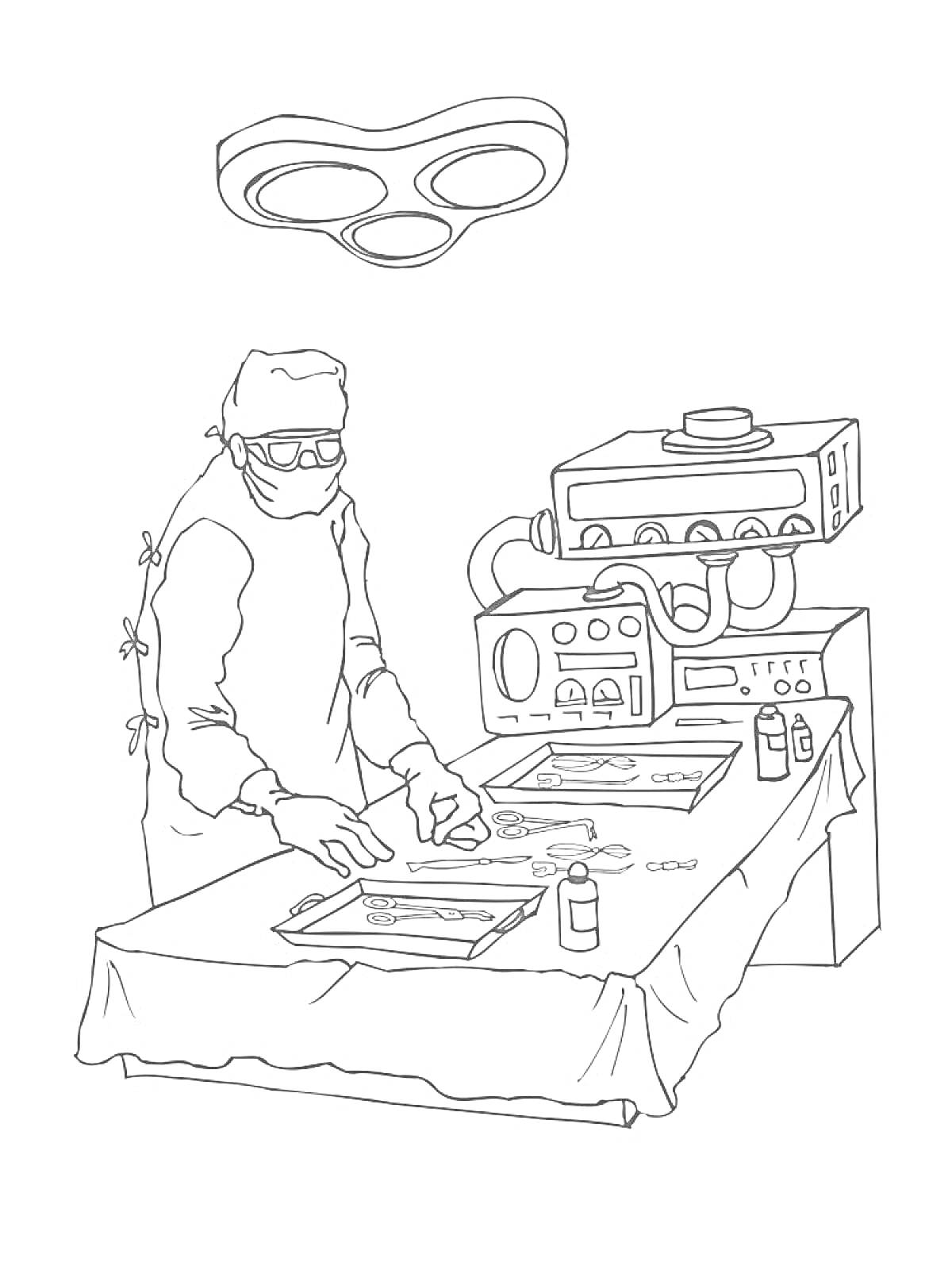 Раскраска Хирург в операционной с оборудованием, хирургическим столом и медицинскими инструментами