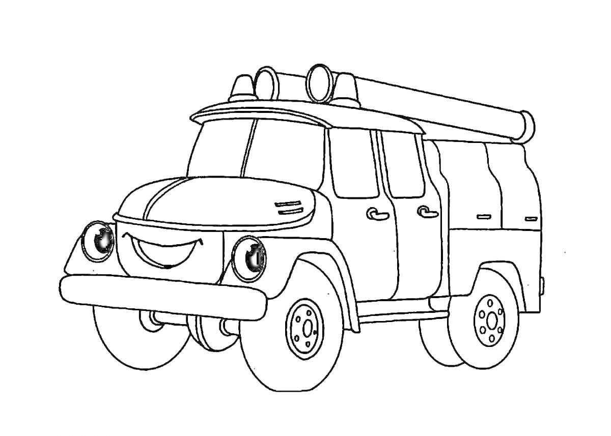 На раскраске изображено: Авто, Пожарное оборудование, Мигалки, Колёса, Крыша