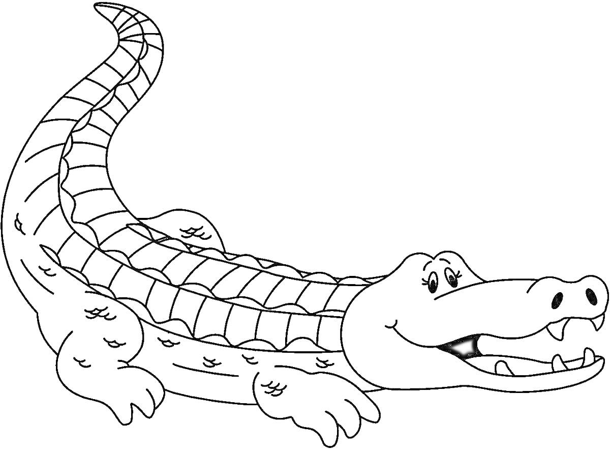 Раскраска Крокодил лежащий на земле, открытый рот, улыбающийся, детская раскраска