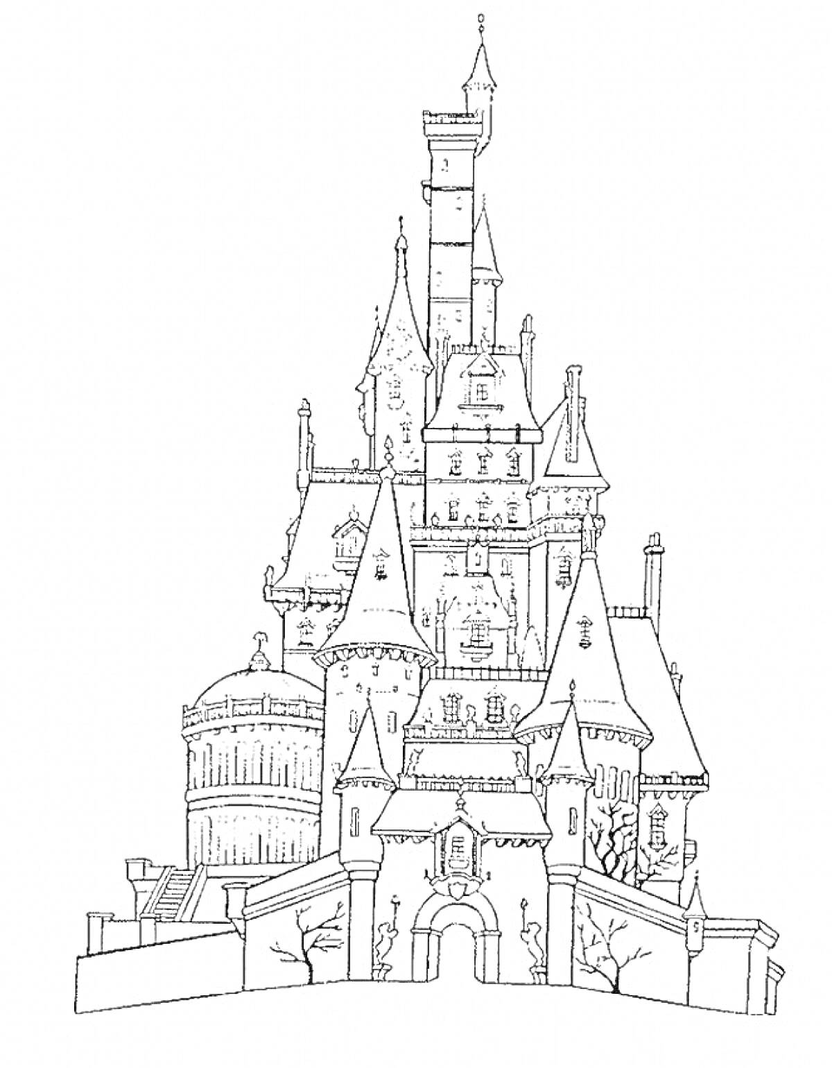 На раскраске изображено: Замок, Башни, Крепость, Архитектура, Средневековье, Лестница, Арка, Стена
