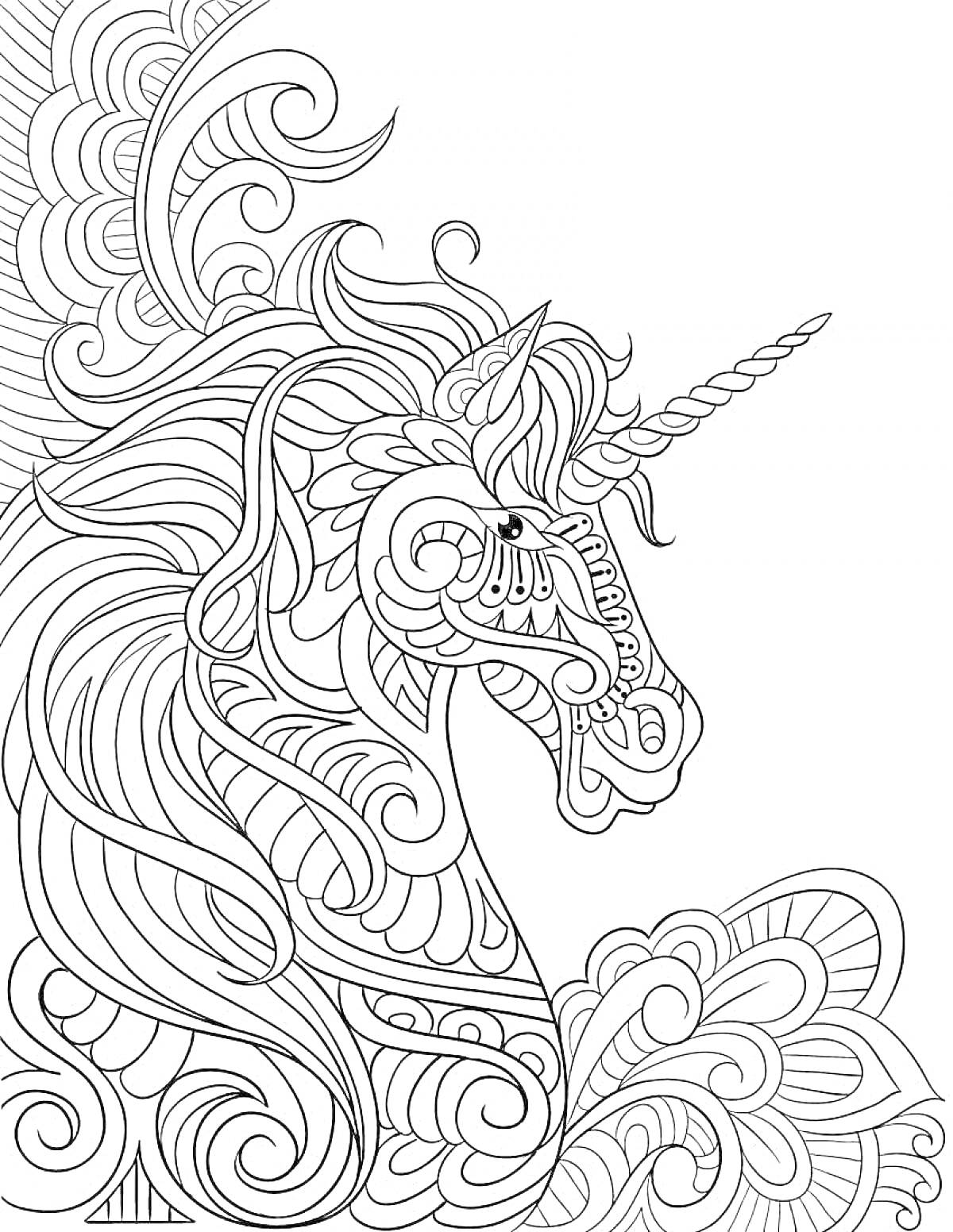 Раскраска Единорог с витыми узорами и завитками вокруг головы
