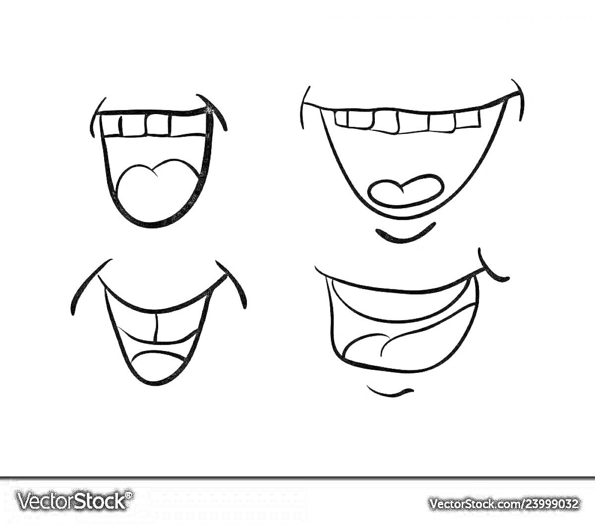 Раскраска Четыре детских ротика с разными эмоциями - с маленьким открытым ротиком, с широкой улыбкой, с весёлым смехом, с наклонённым ловким выражением