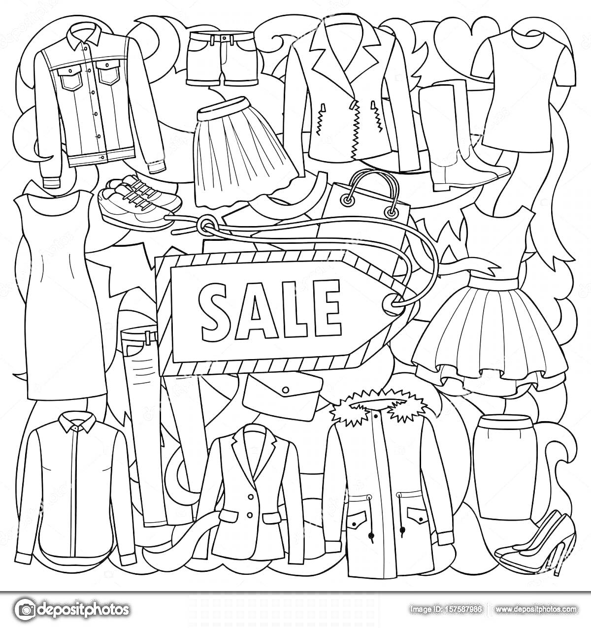 На раскраске изображено: Одежда, Распродажа, Скидки, Мода, Рубашки, Юбки