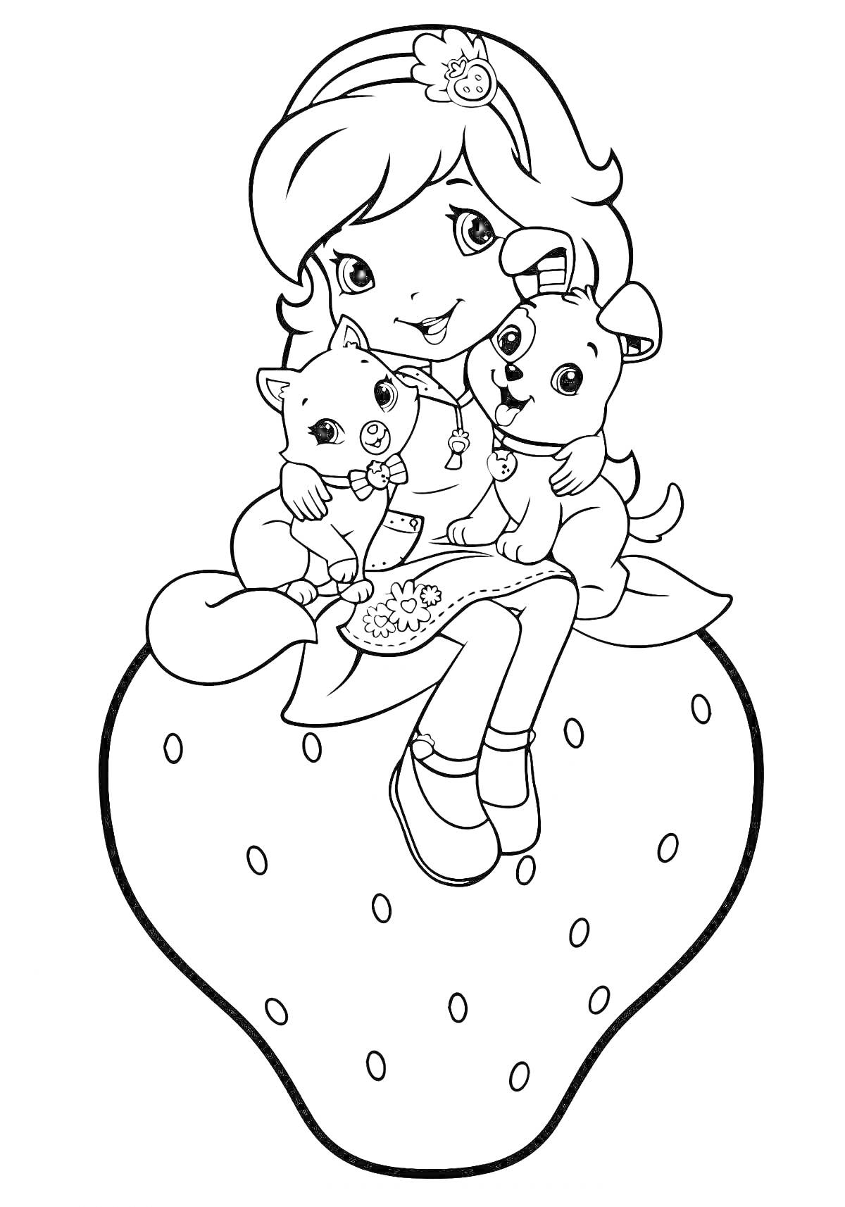 Раскраска Девочка с котёнком и щенком на клубнике