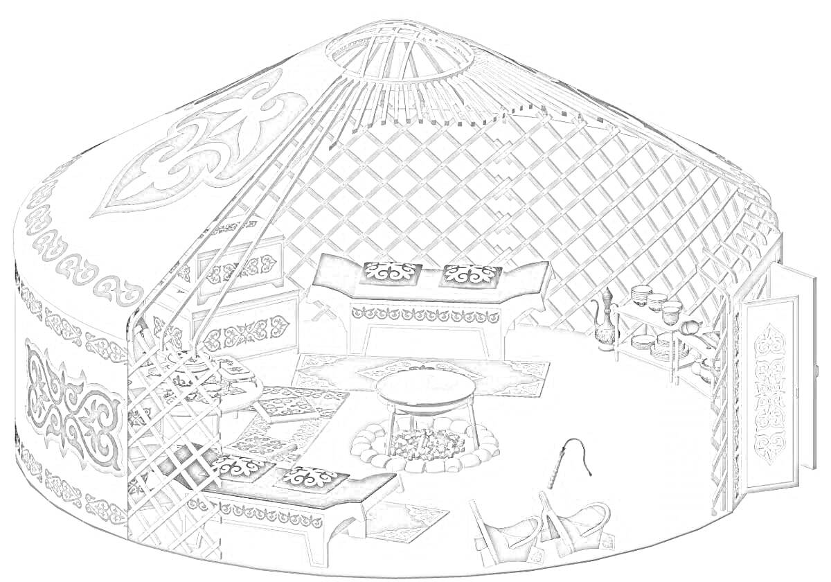 На раскраске изображено: Киіз үй, Юрта, Традиционный дом, Казахская культура, Очаг, Посуда, Мебель