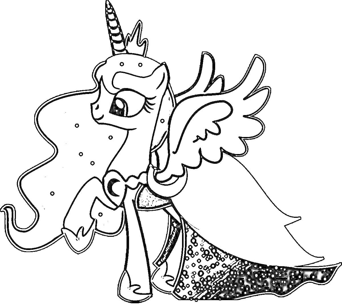 Раскраска Принцесса Селестия с крыльями, рогом, короной, накидкой и завитыми волосами с точечными украшениями.