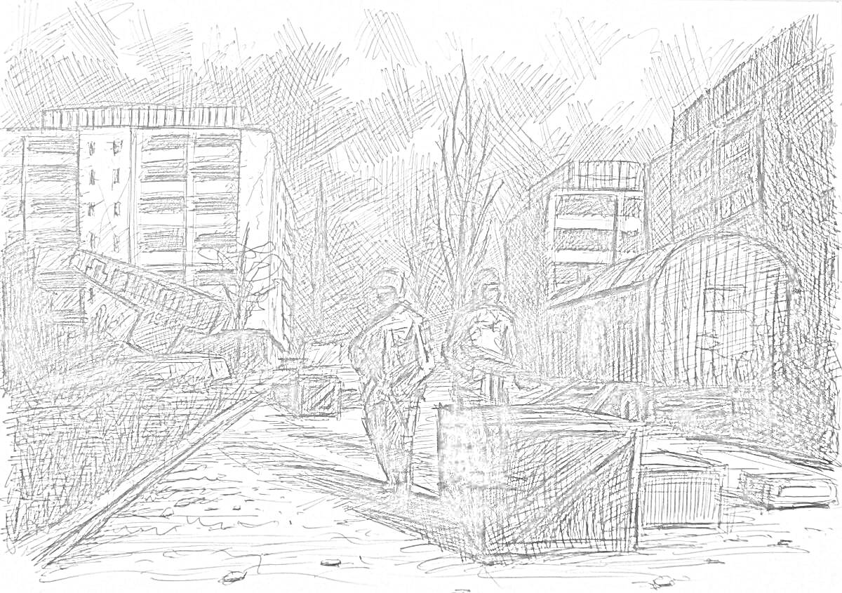 Постапокалиптический пейзаж с полированными зданиями, двумя людьми в защитной одежде, ящиками и развалинами.