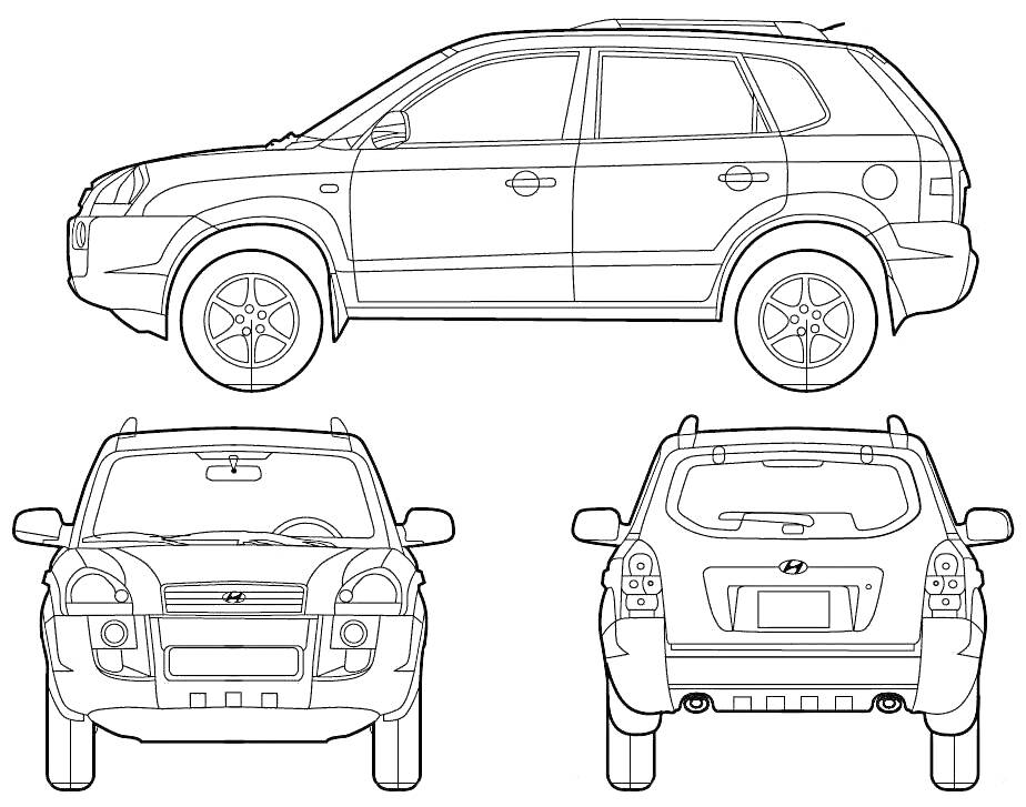 Раскраска Виды автомобиля Хендай Туссан с трех ракурсов – вид сбоку, вид спереди, вид сзади
