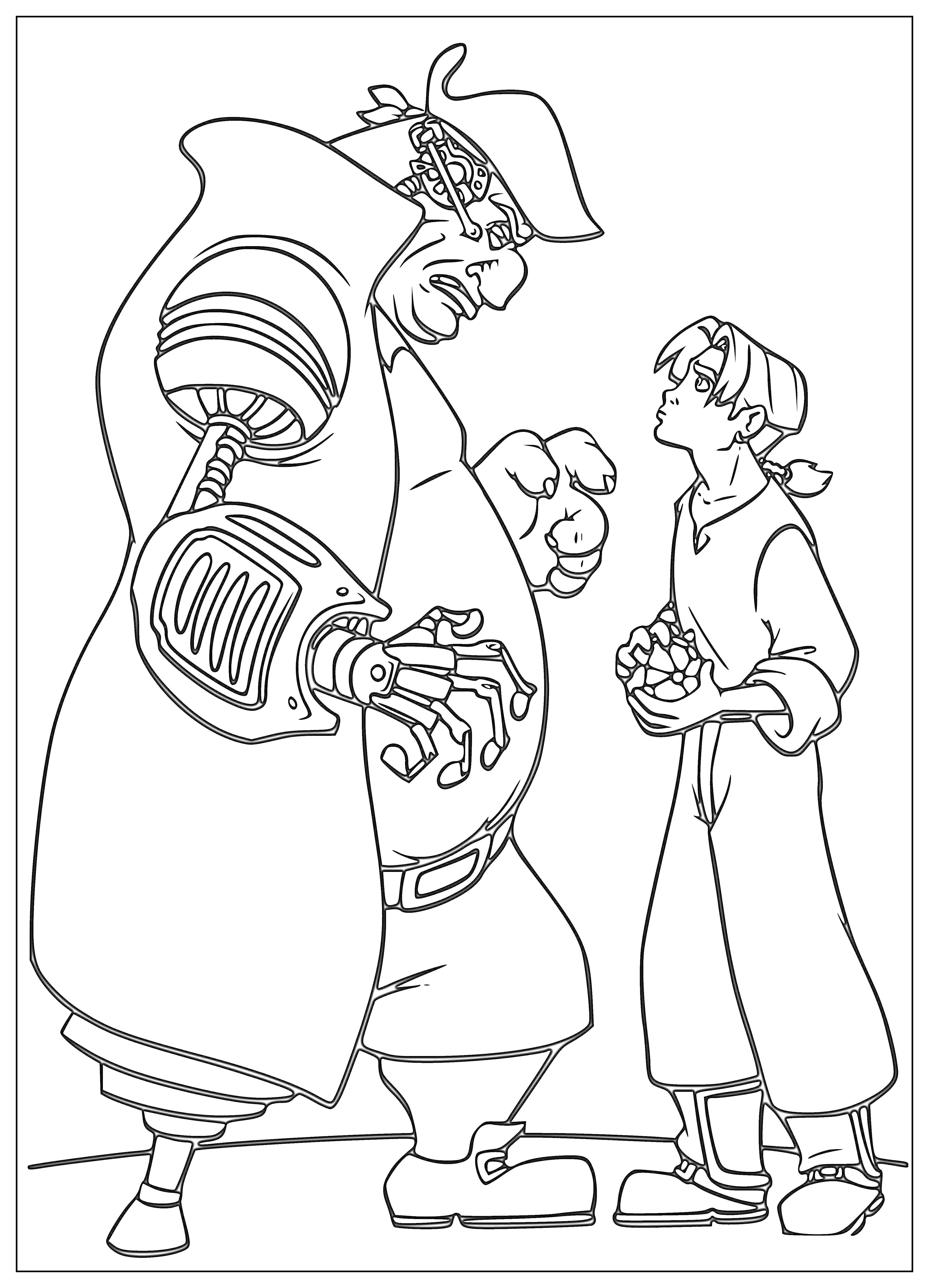 Раскраска Пират с кибернетической рукой и мальчик с наушниками