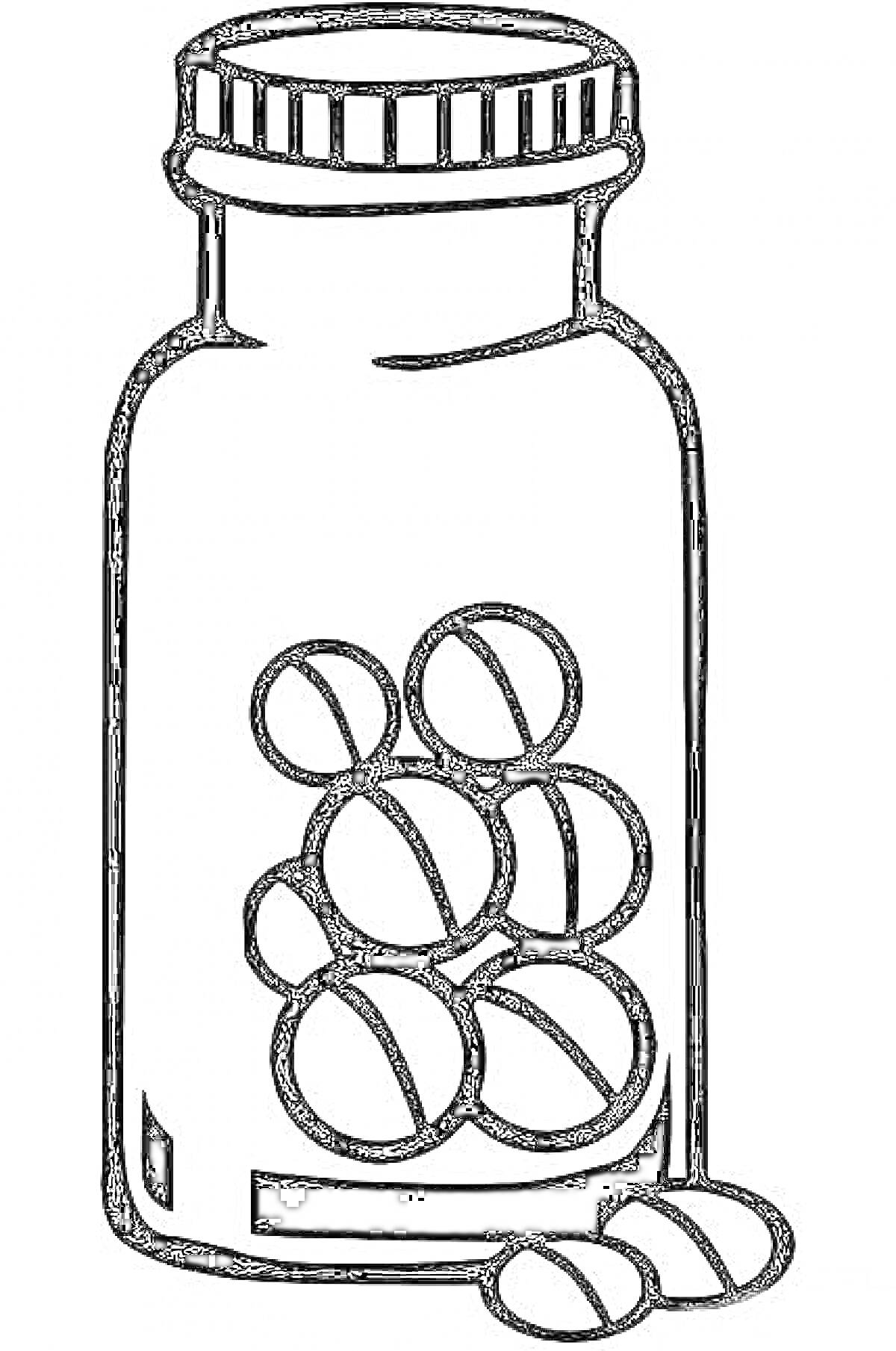 Раскраска Банка с таблетками и таблетки рядом