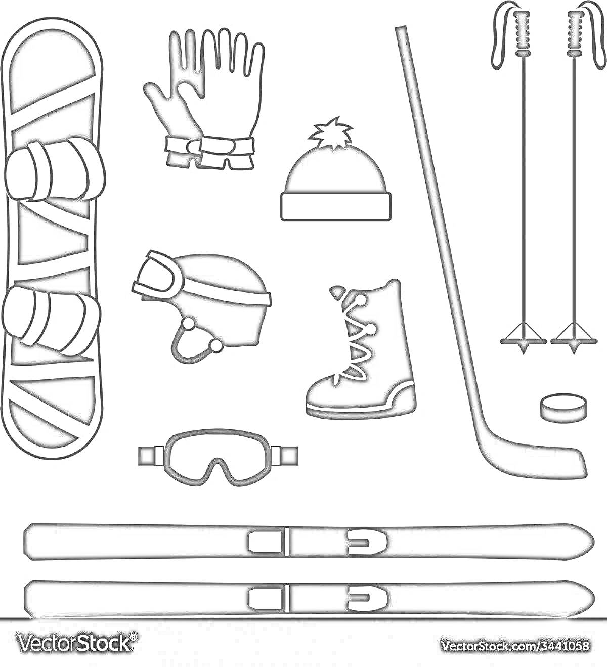 Раскраска Зимний инвентарь: сноуборд, лыжи с креплениями, лыжные палки, хоккейная клюшка, шлем, перчатки, шапка, ботинок, защитные очки