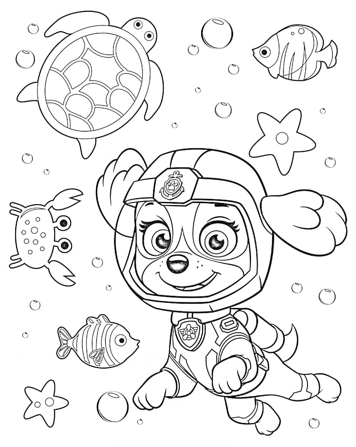 На раскраске изображено: Скай, Щенячий Патруль, Подводный мир, Черепаха, Краб, Морские звезды, Пузыри, Рыба