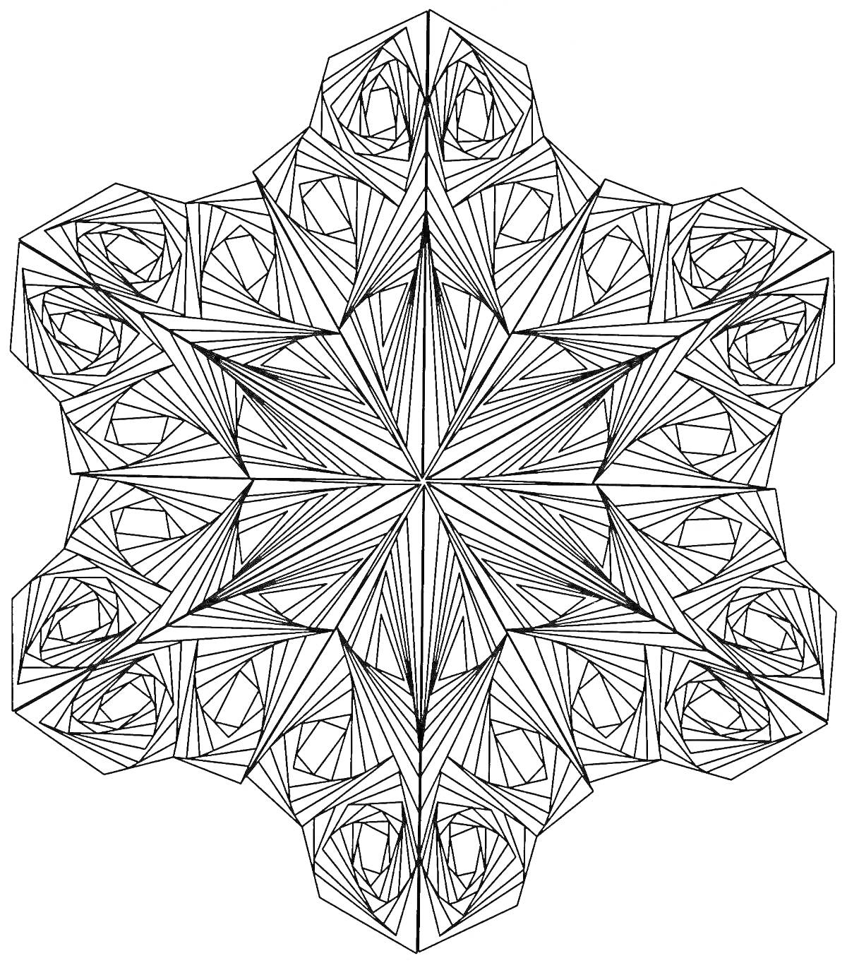 Раскраска Мандала с восьмиконечной звездой и спиральными узорами