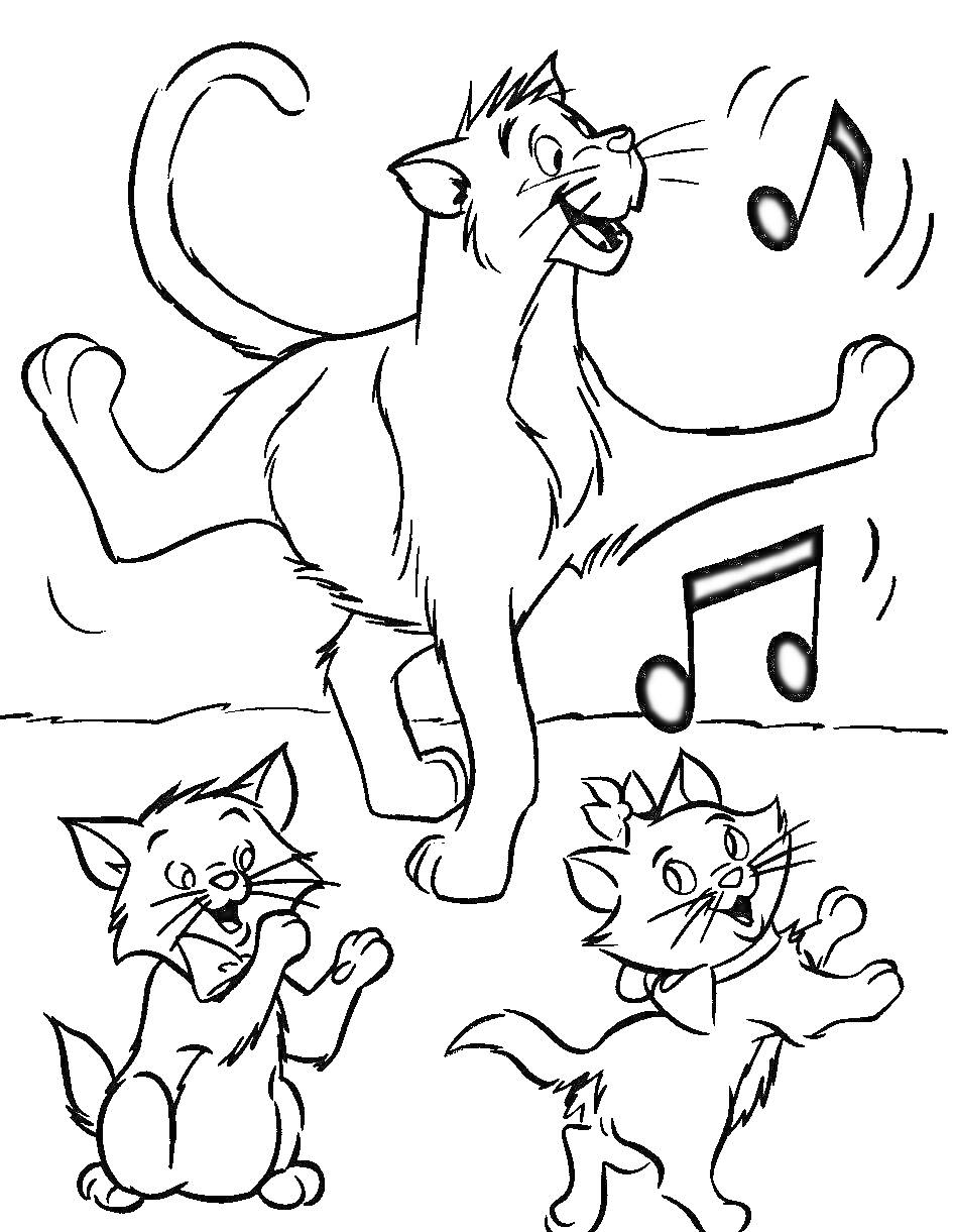Раскраска Три танцующих кота с нотами
