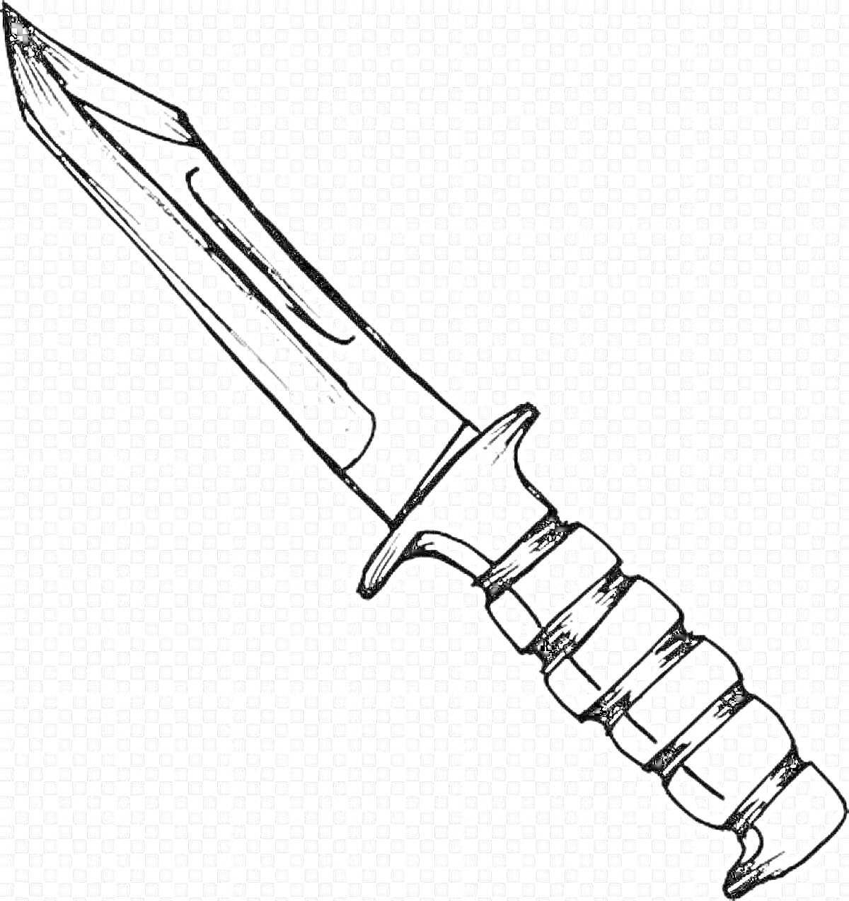 Раскраска Нож танто с длинным клинком, гарда и ребристая рукоятка