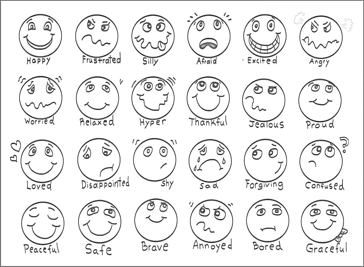 Раскраска Эмоции и чувства для детей: счастливый, разочарованный, глупый, напуганный, возбужденный, сердитый, взволнованный, расслабленный, чрезмерно активный, благодарный, ревнивый, гордый, любящий, разочарованный, застенчивый, грустный, прощающий, сбитый с толку,