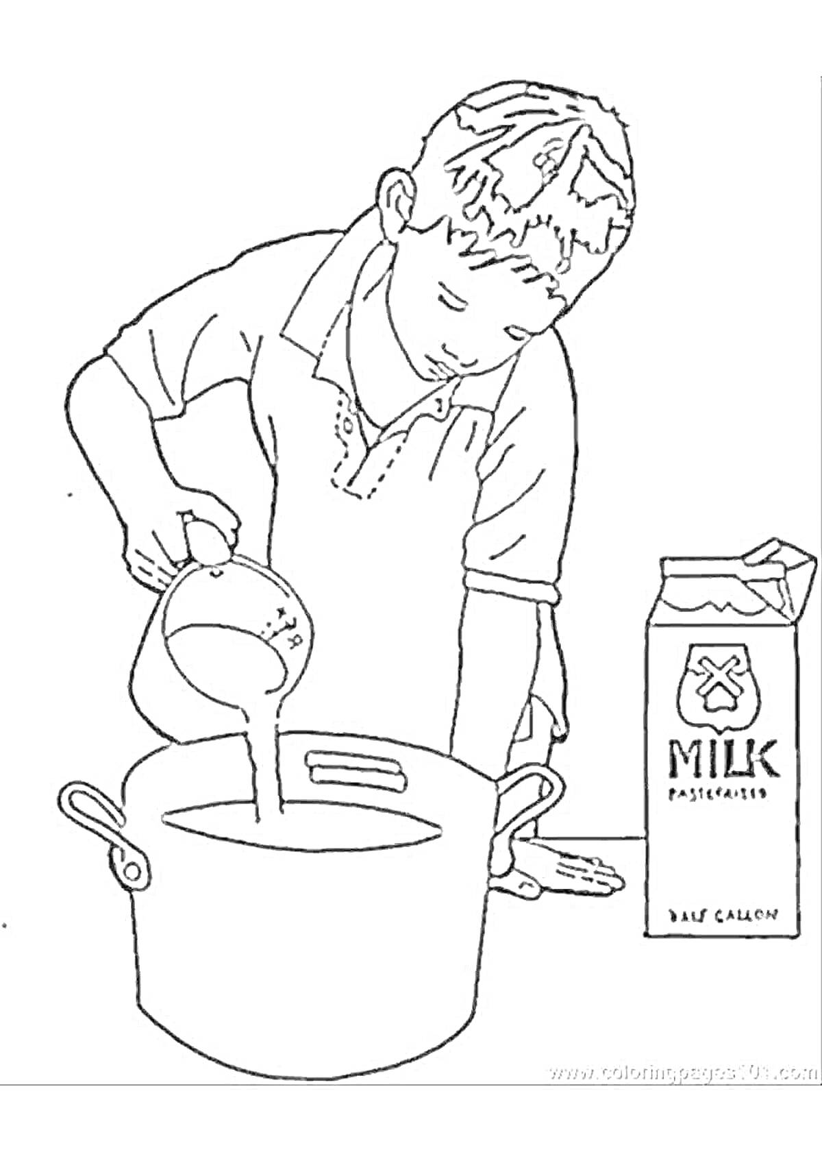 Раскраска мальчик наливает жидкость из мерного стакана в кастрюлю, упаковка молока рядом