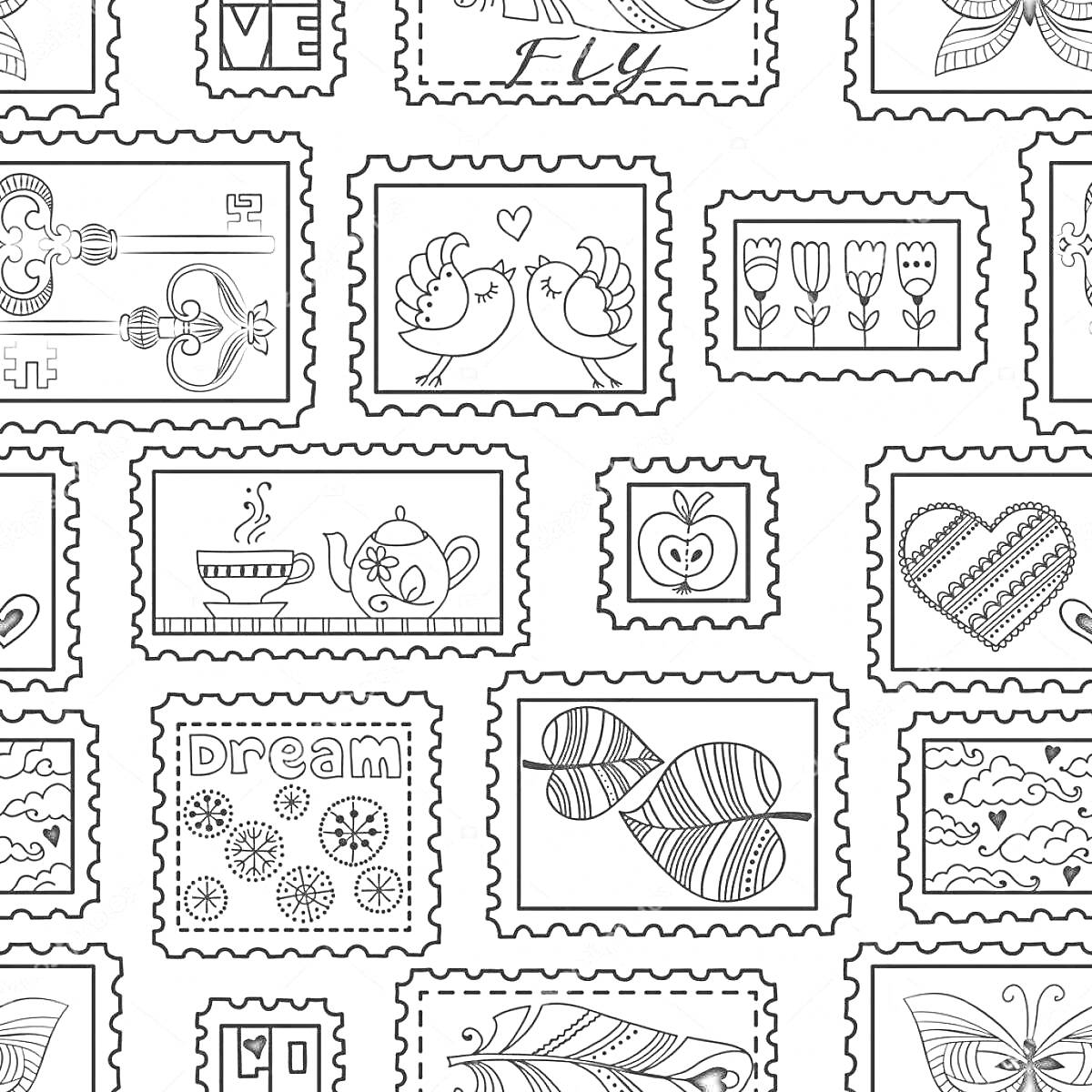 Раскраска Коллекция марок с рисунками: пара куриц, тюльпаны, сердце, чайник с чашкой чая, яблоко, керамические чашки, облака, геометрический узор, листья, бабочка