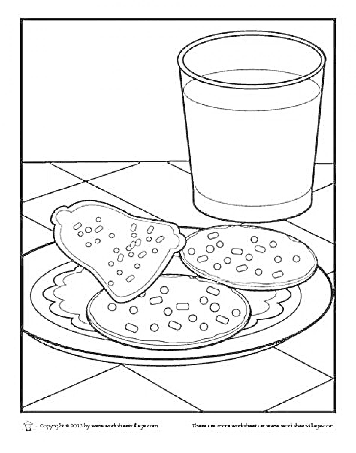 Раскраска Тарелка с сырниками, кусоком хлеба и стаканом молока на столе