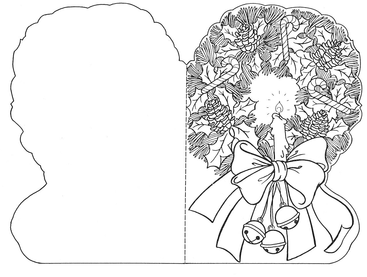Раскраска Открытка с рождественским венком, свечой, бантом и колокольчиками