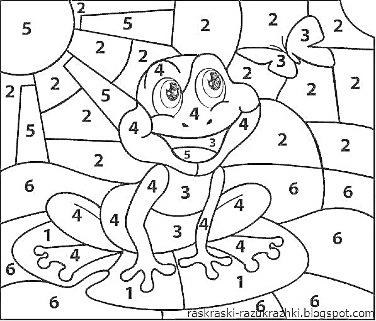 На раскраске изображено: Бабочка, Солнце, Цветы, Цифры, Природа