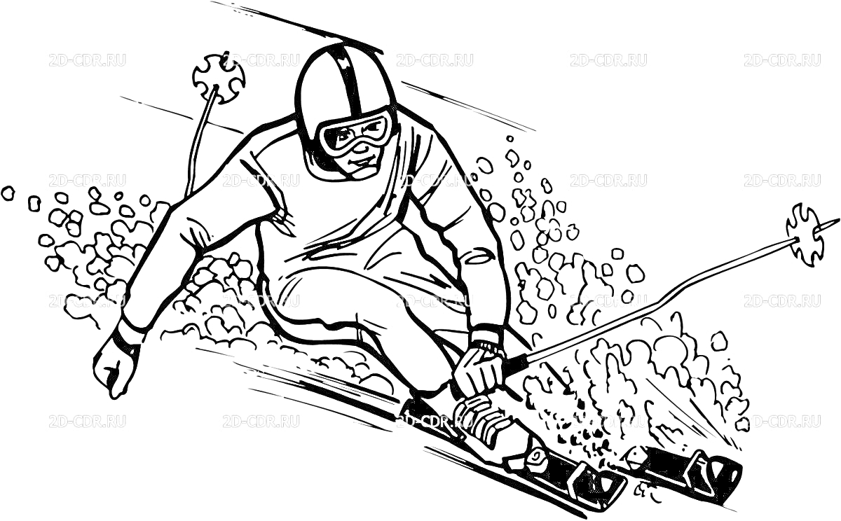 На раскраске изображено: Горные лыжи, Лыжник, Спортивная экипировка, Очки, Зимний спорт, Снег, Спуск, Палки, Спорт
