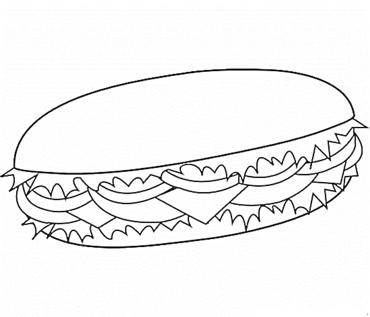 На раскраске изображено: Сэндвич, Бутерброд, Листья салата, Сыр, Еда, Помидор