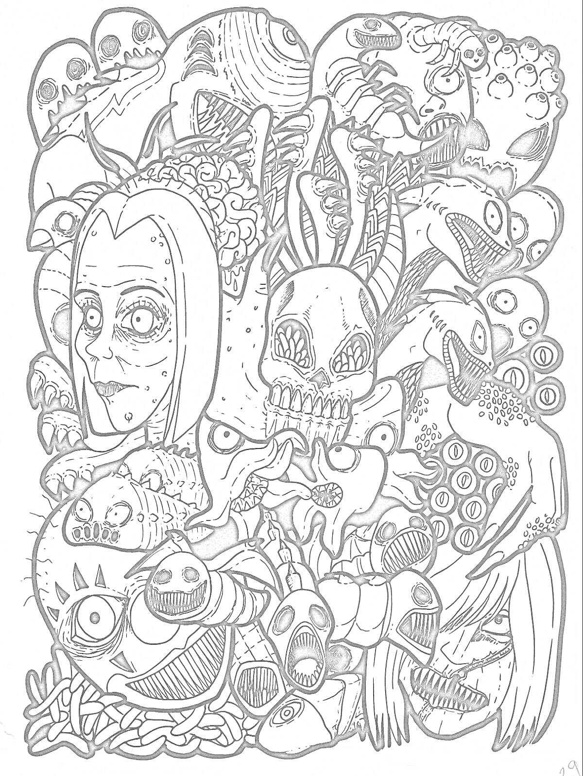 Раскраска Психоделические существа и лица, мозг, череп с кроличьими ушами, глаза, странные животные, фантастические элементы