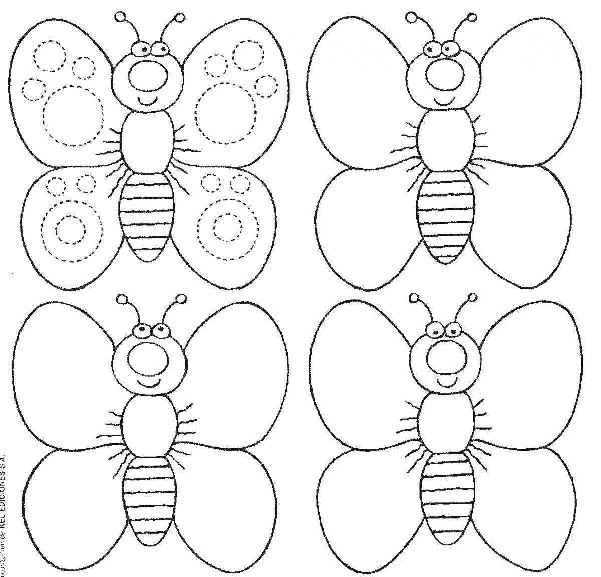 Раскраска Четыре бабочки с круглыми узорами и линиями на крыльях и теле