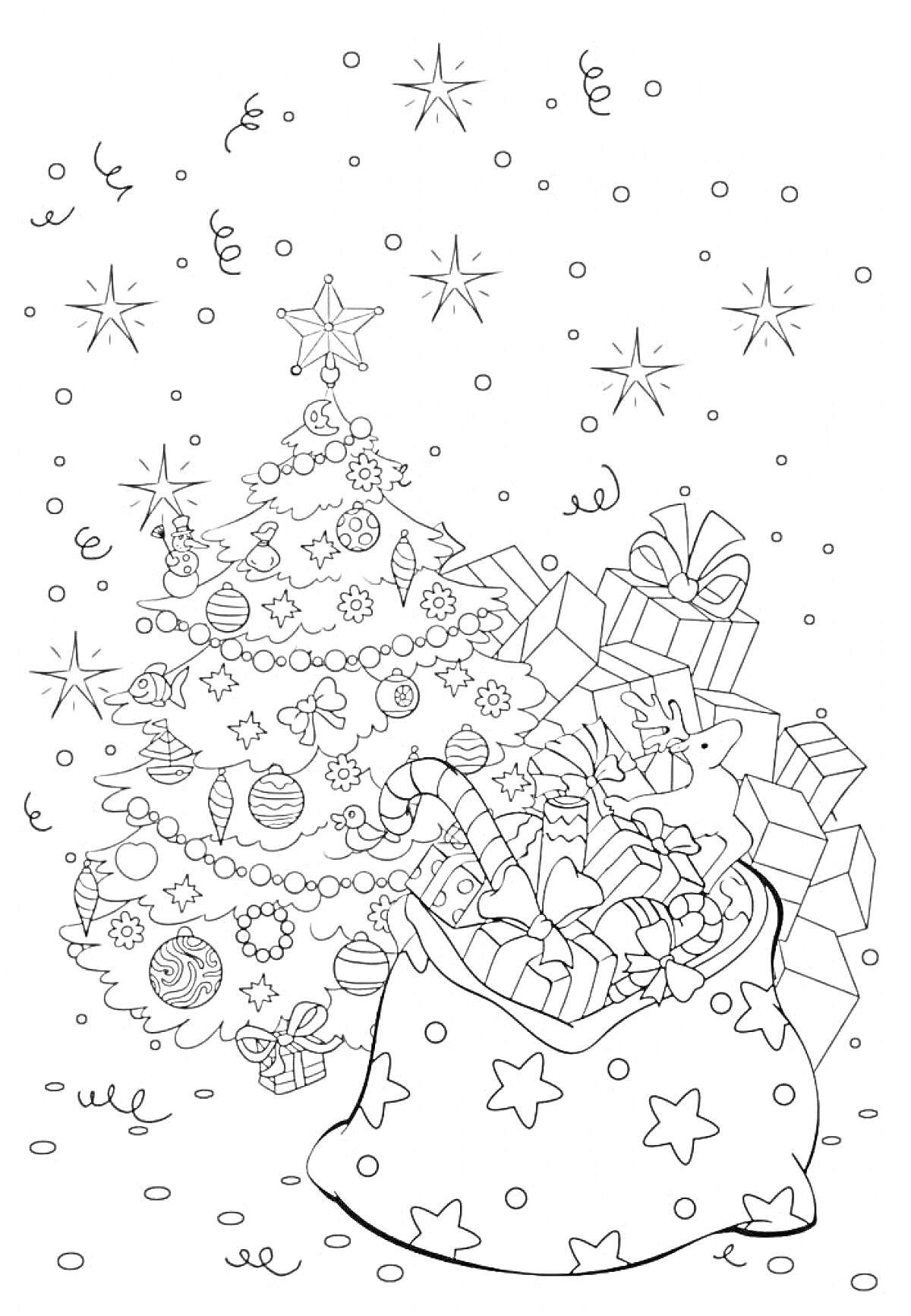 Раскраска Новогодняя ночь со звездным небом, украшенной елкой, мешком с подарками и падающими снежинками.