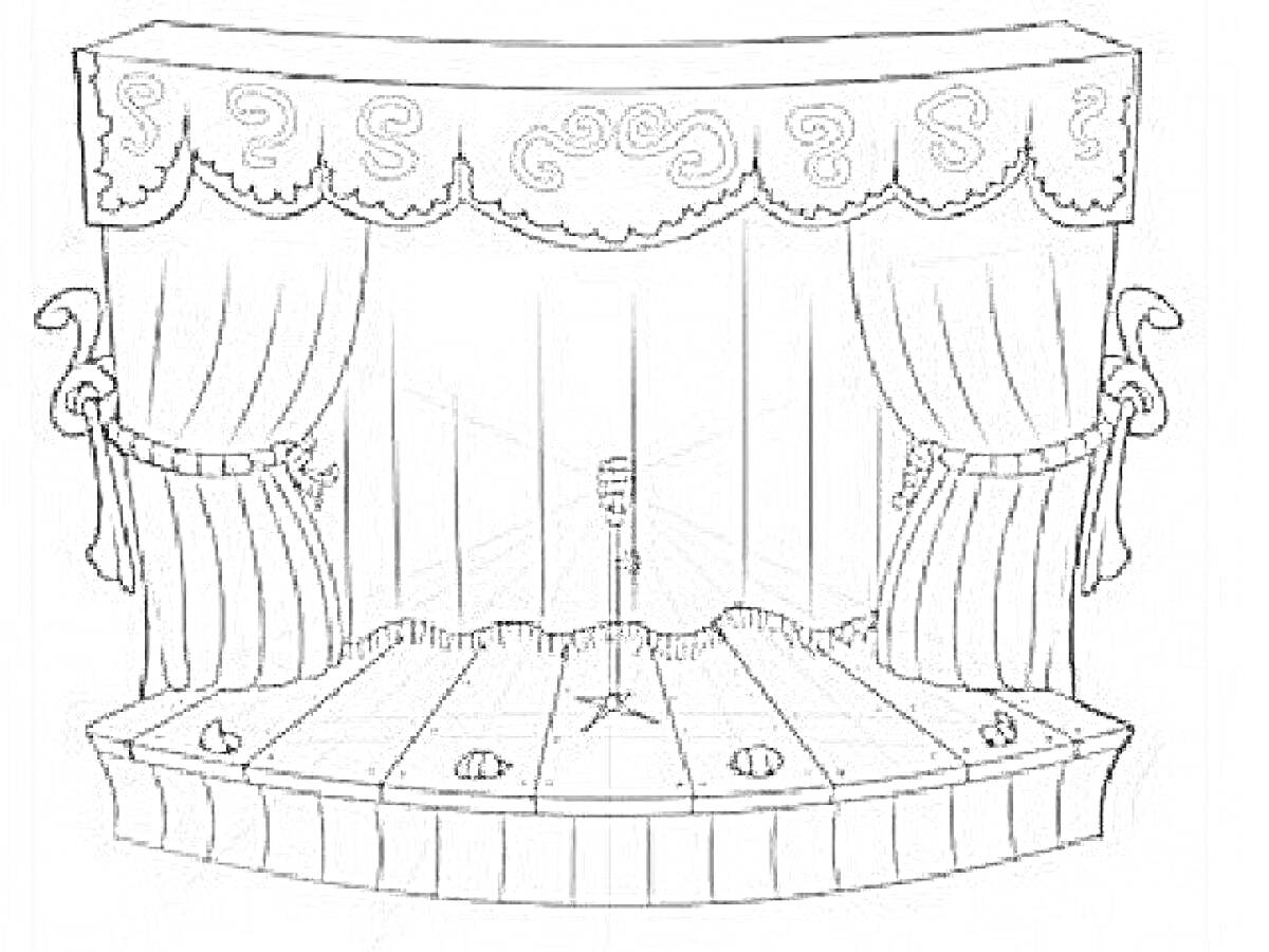 Раскраска сцена с микрофоном, занавес, лампочки