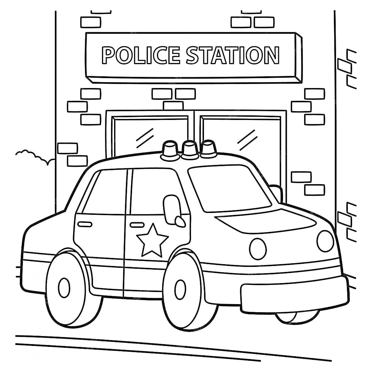 На раскраске изображено: Полицейский участок, Патрульная машина, Полиция, Здание, Безопасность, Служба, Кирпичное здание