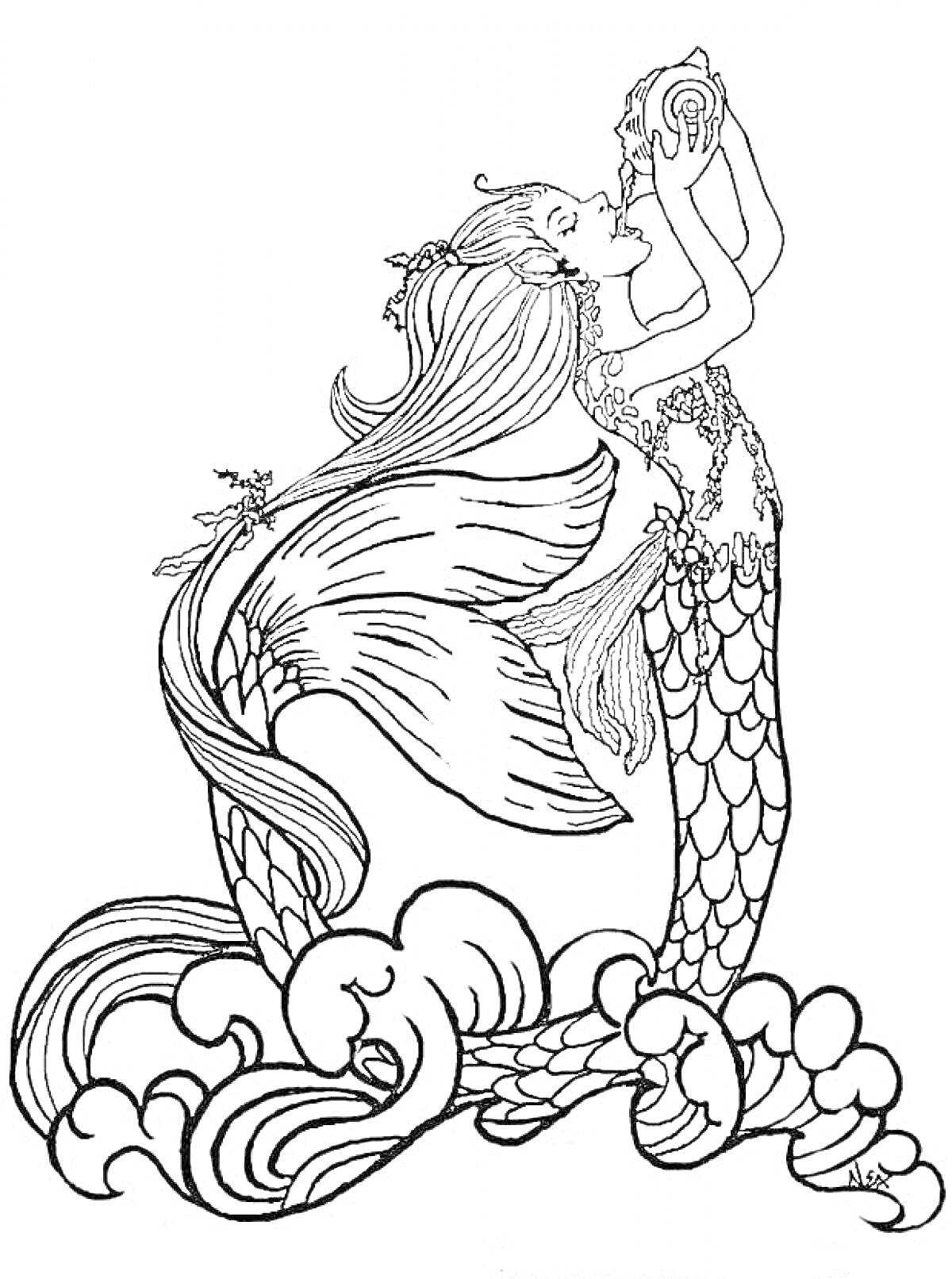 Раскраска Русалка с длинными волосами, раковиной в руках и хвостом, стоящая на волнах