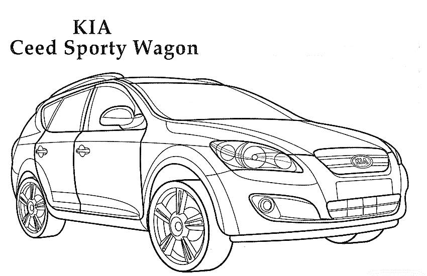 На раскраске изображено: Kia, Транспорт, Капот, Фары, Дизайн, Кузов, Колеса, Авто