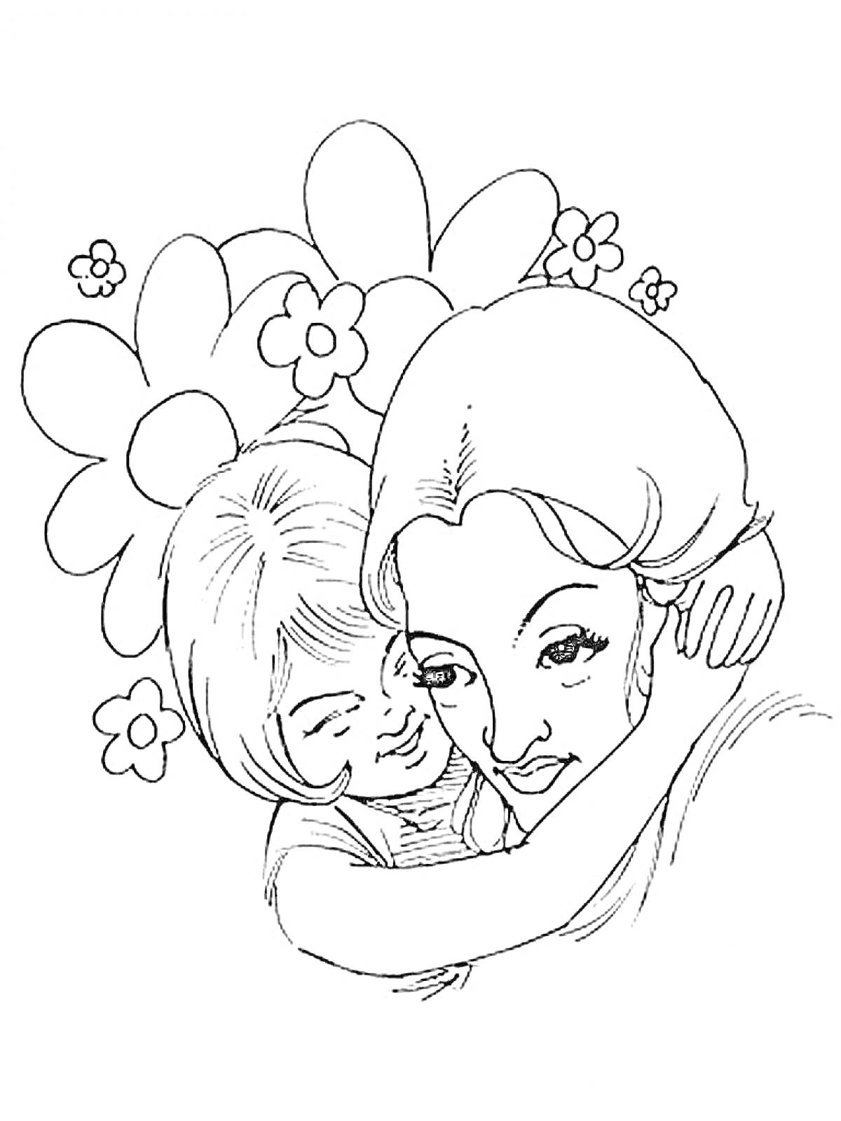 Раскраска Мама и дочка на фоне цветов, мама с длинными волосами, дочка короткими волосами, обе с улыбками обнимают друг друга